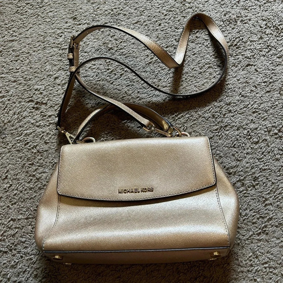 MICHAEL KORS Ava Medium Saffiano Leather Gold Shiny Top Handle Crossbody Leather - Picture 1 of 15